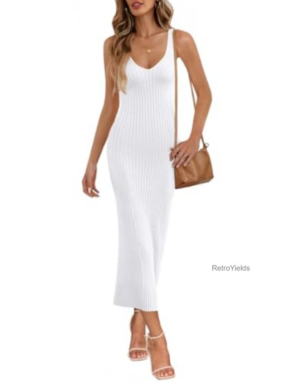 Womens Bodycon Deep V Neck Sleeveless Knit Midi Dress